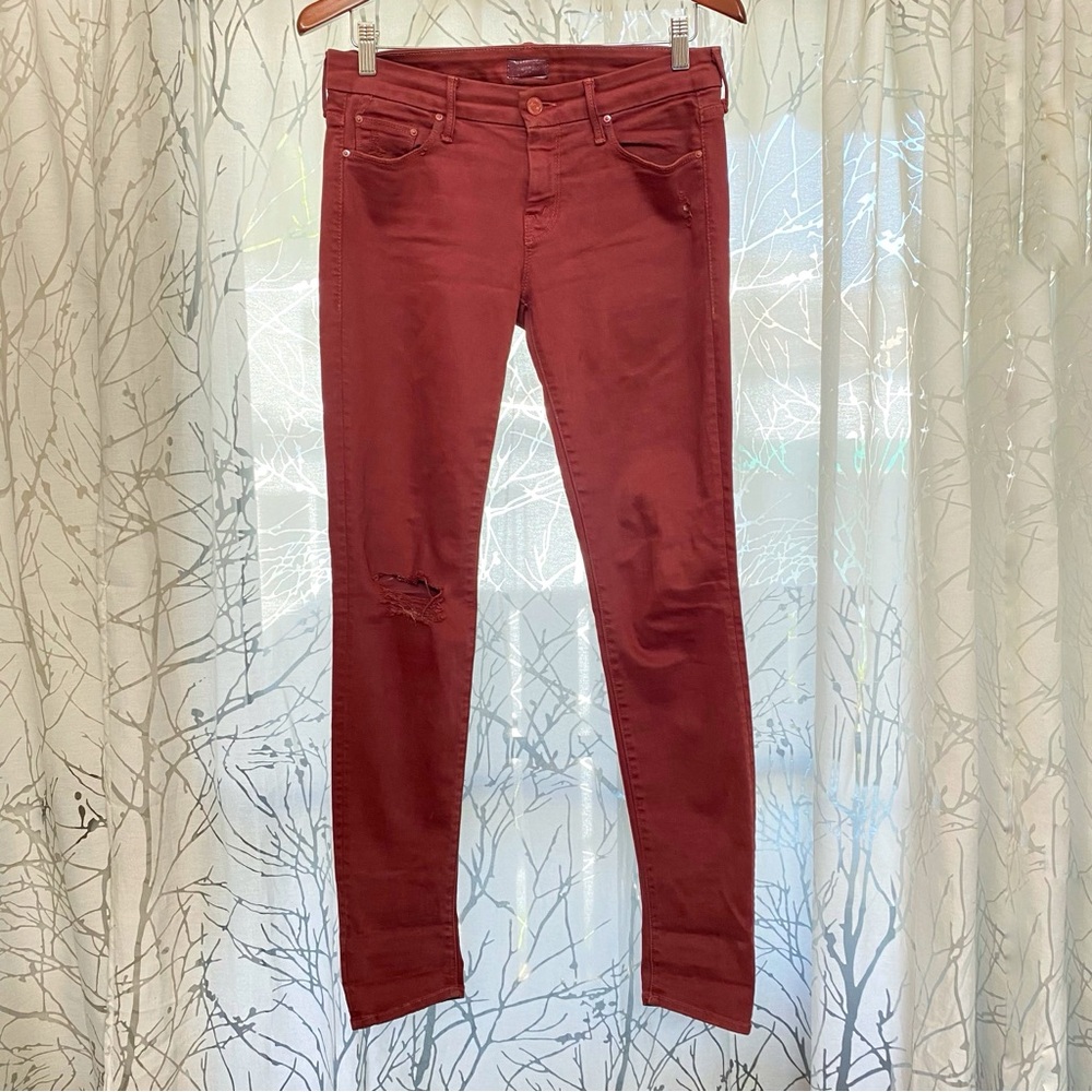 MOTHER THE LOOKER BLOW OUT DYE BURGUNDY DARK RED DISTRESSED STRETCH SKINNY JEANS - Picture 2 of 9